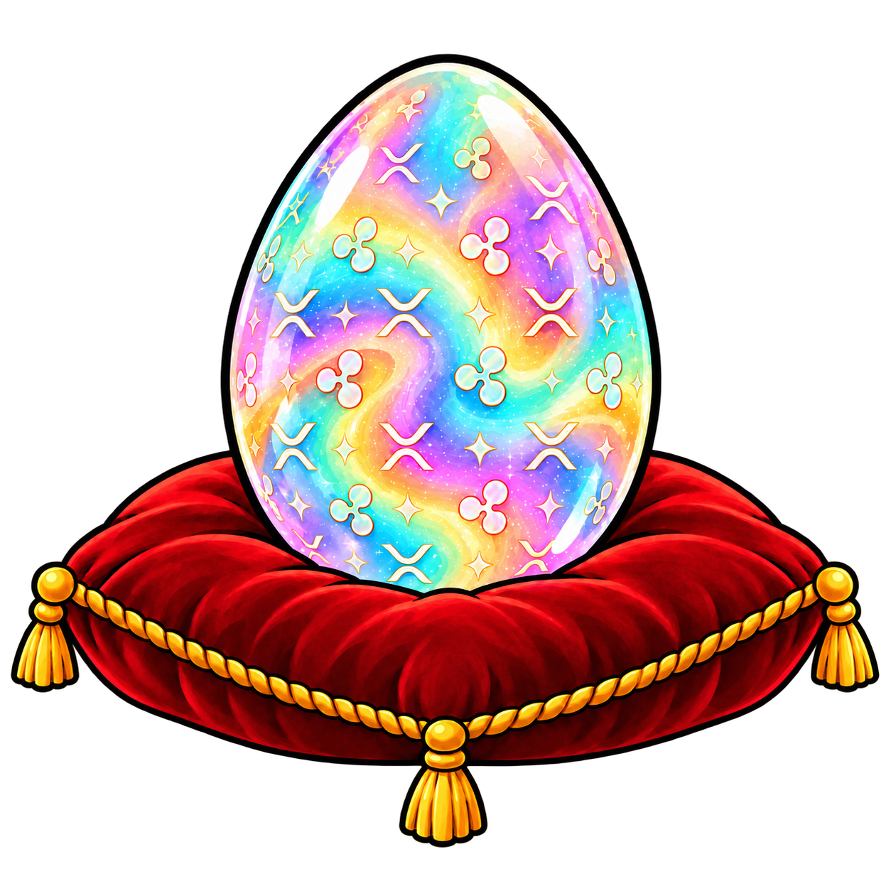 Iridescent rainbow BOROS NFT egg resting on a red velvet pillow with gold trim and tassels