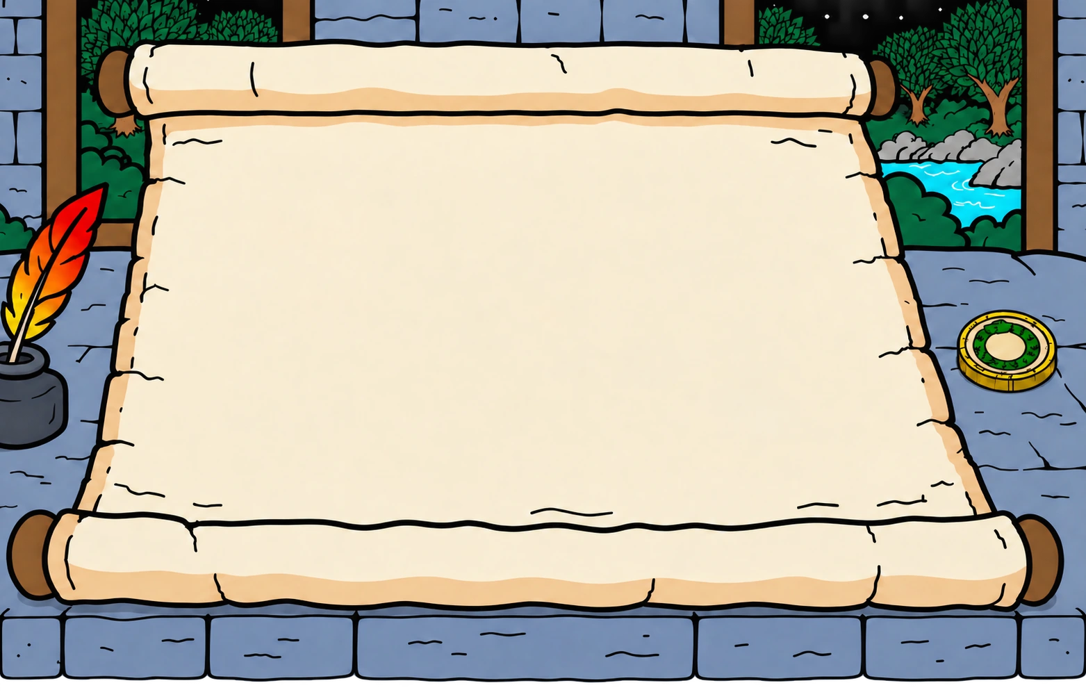 A blank parchment in a moonless castle archive, with a red, orange and golden phoenix feather quill at the left and a green-and-gold medallion at the right, with a full-width stone-block lower edge